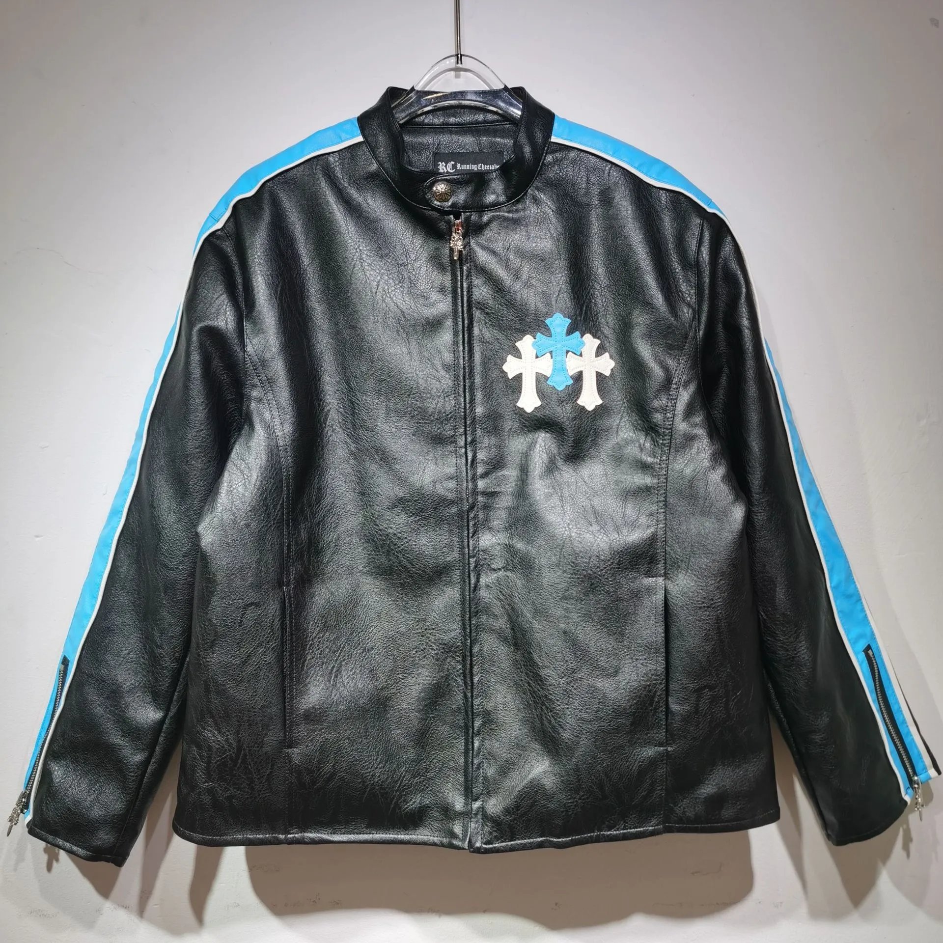Running Chevahle Cross Motif Leather Jacket Black with Cyan Stripes - 1