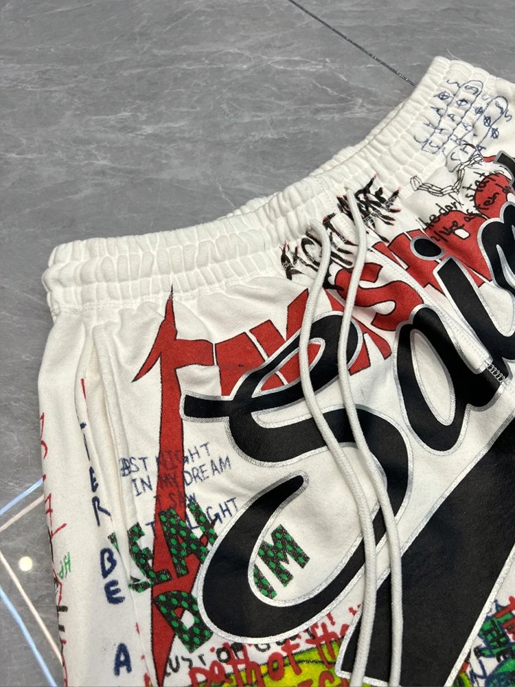 Saint Graphic Print White Streetwear Shorts