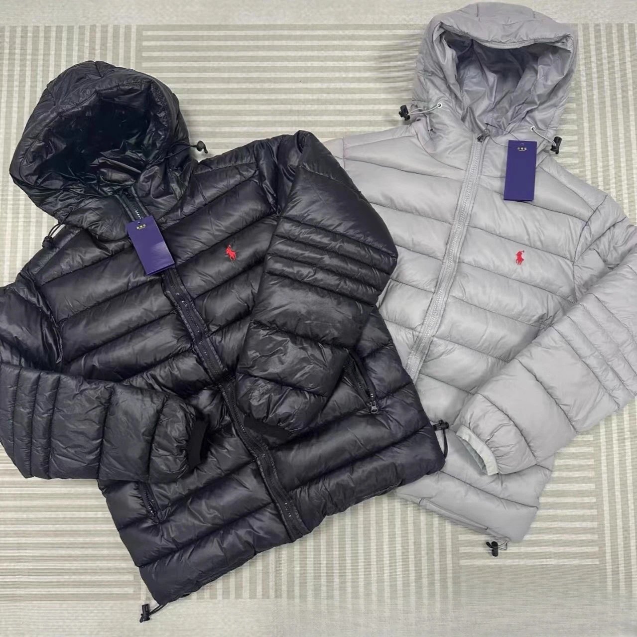 Polo Ralph Lauren Black Gray Quilted Hooded Puffer Jacket