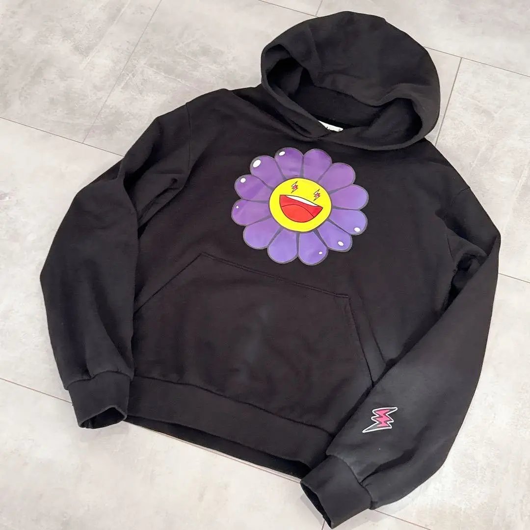 Black Hooded Sweatshirt with Purple Flower Graphic Print