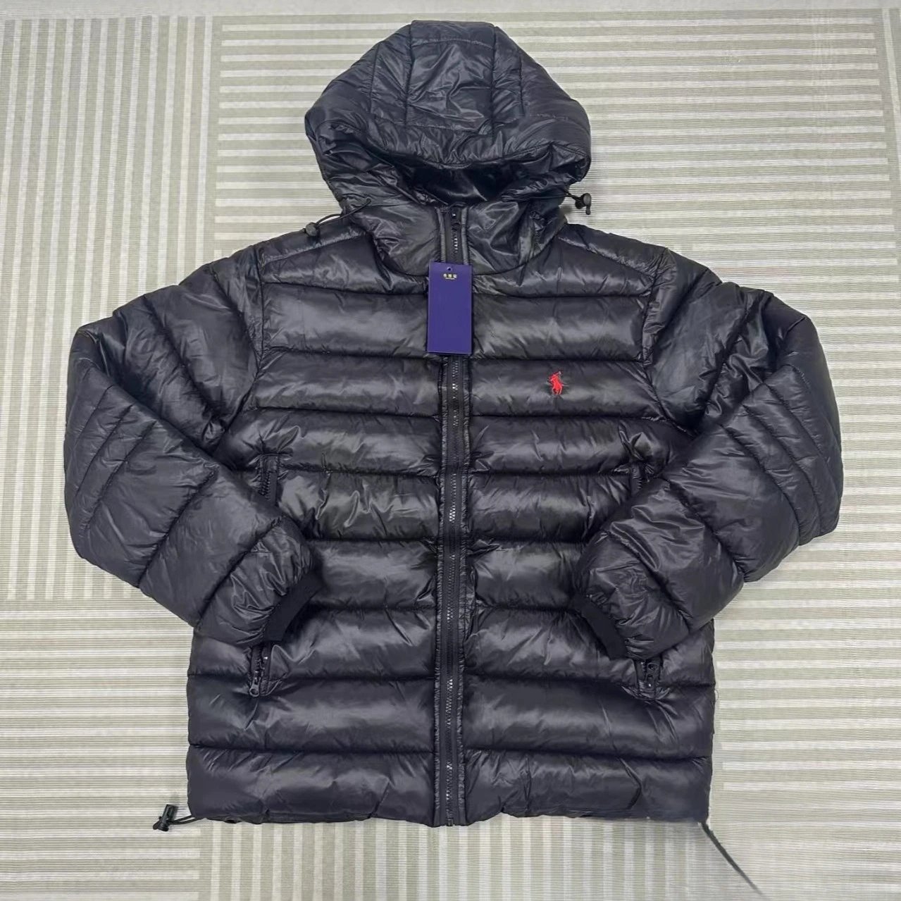 Polo Ralph Lauren Black Gray Quilted Hooded Puffer Jacket
