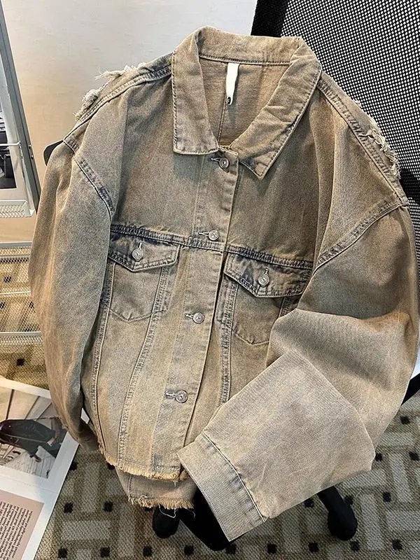 Distressed Denim Jacket Light Gray Oversized Vintage Style