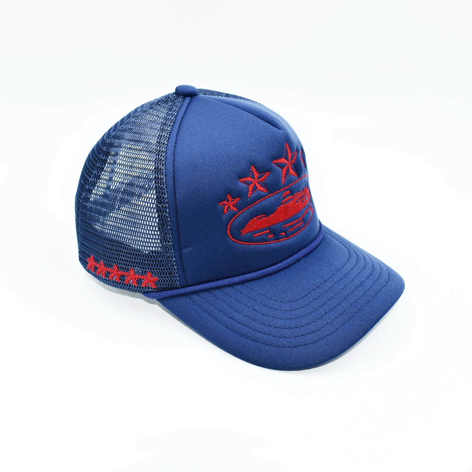 Trucker Hat Black White Embroidered Star Boat Mesh Cap