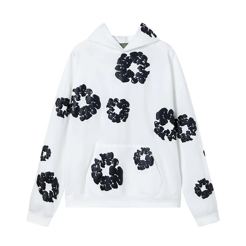 Blue Hooded Sweatshirt With White Abstract Floral Print Oversized Style