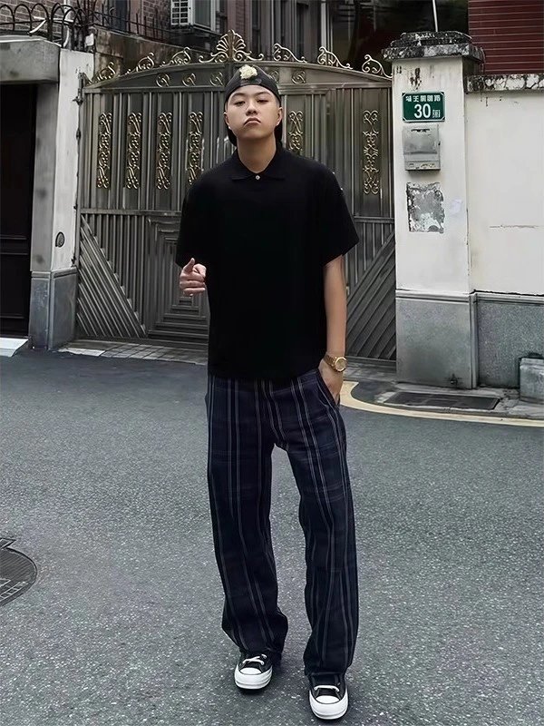 American Street Retro Plaid Casual Straight-Leg Pants