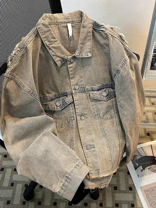 Distressed Denim Jacket Light Gray Oversized Vintage Style