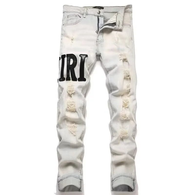 Luxury-style ripped, patched, letter-embroidered stretch straight-leg jeans