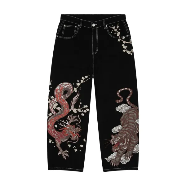 Black Embroidered Dragon and Tiger Jeans - 1