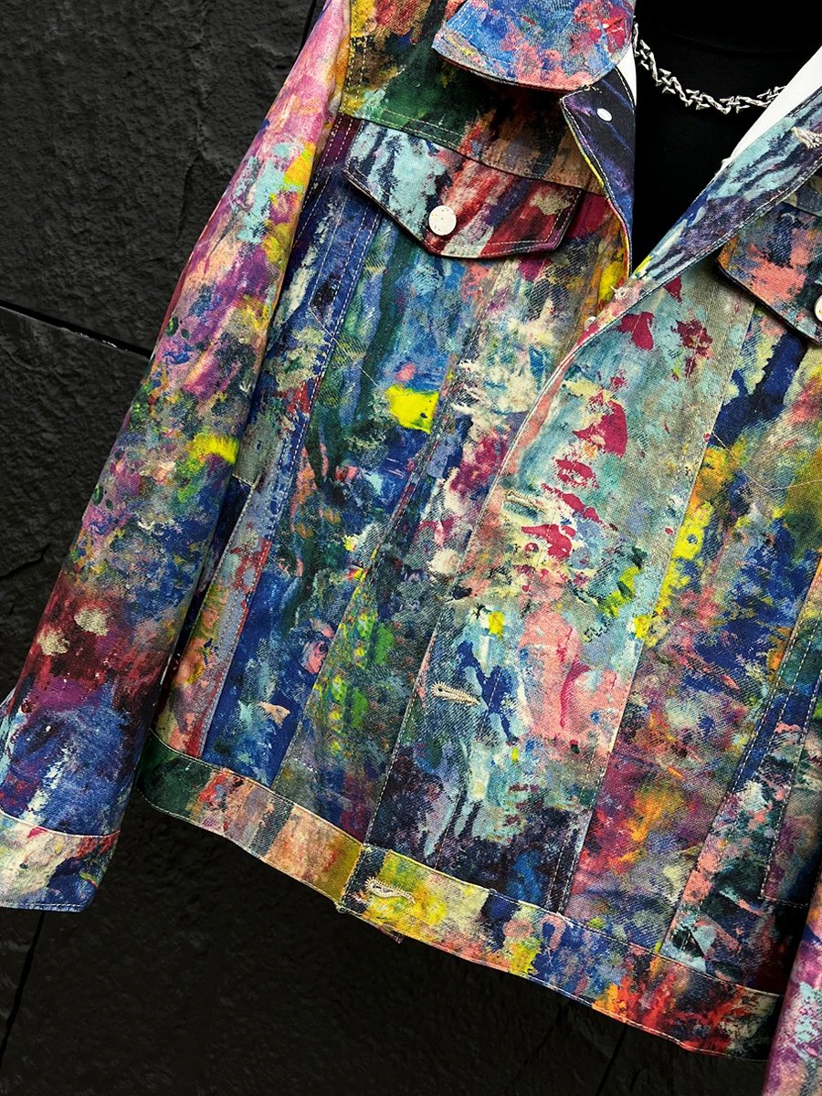 Abstract Print Denim Jacket Multicolor Artistic Streetwear