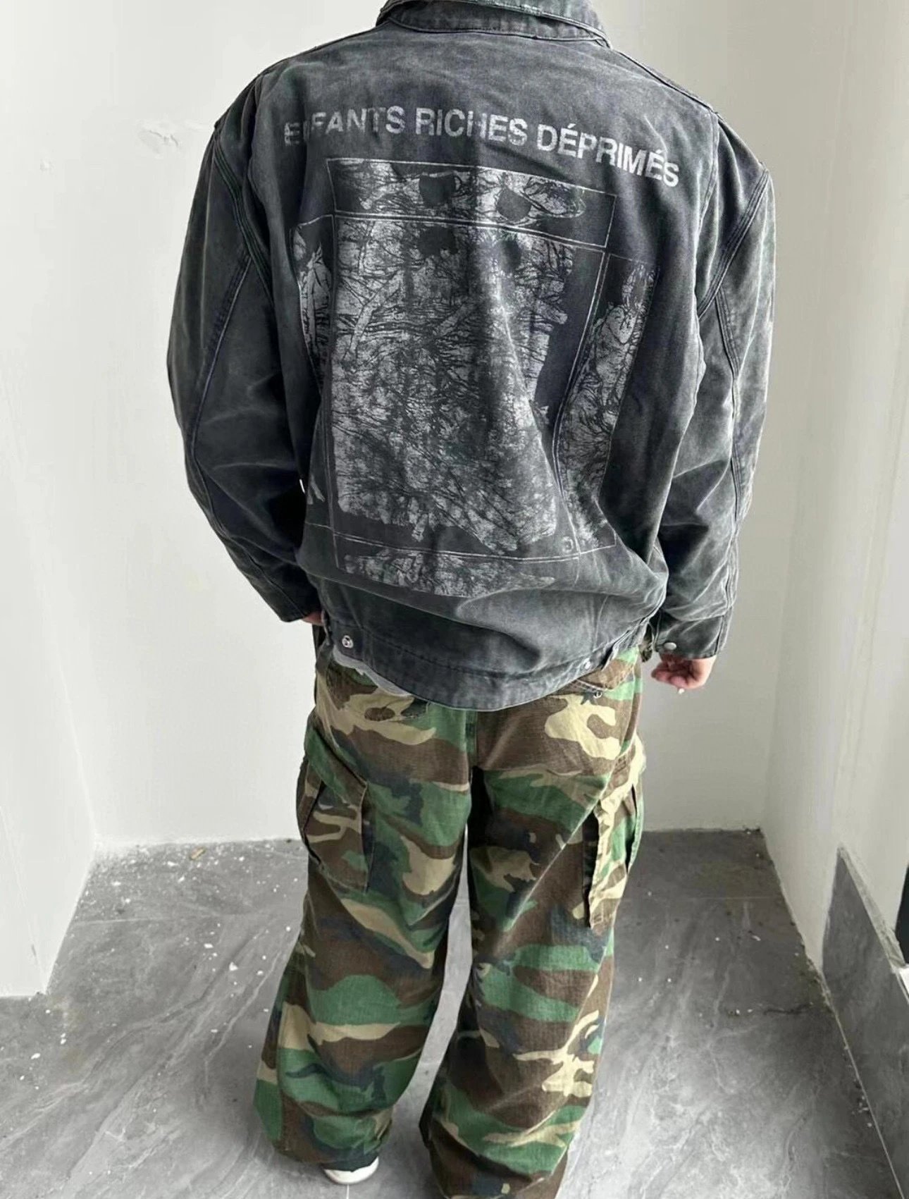 E.R.D. Distressed Grey Workwear Jacket With Camo Cargo Pants