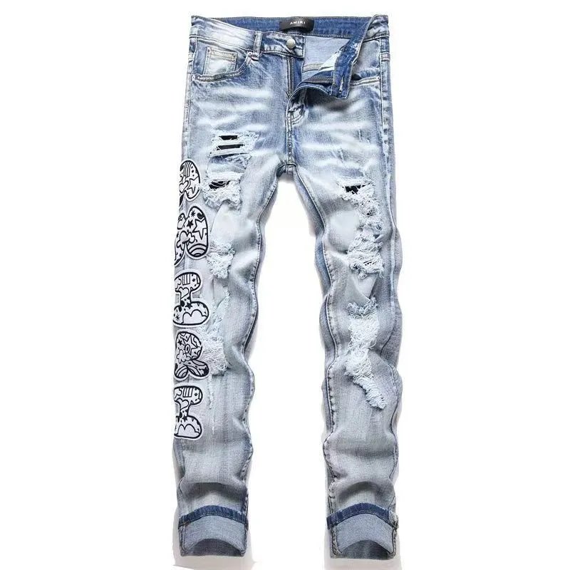 Ripped Letter-Embroidered Stretch Jeans photo 4