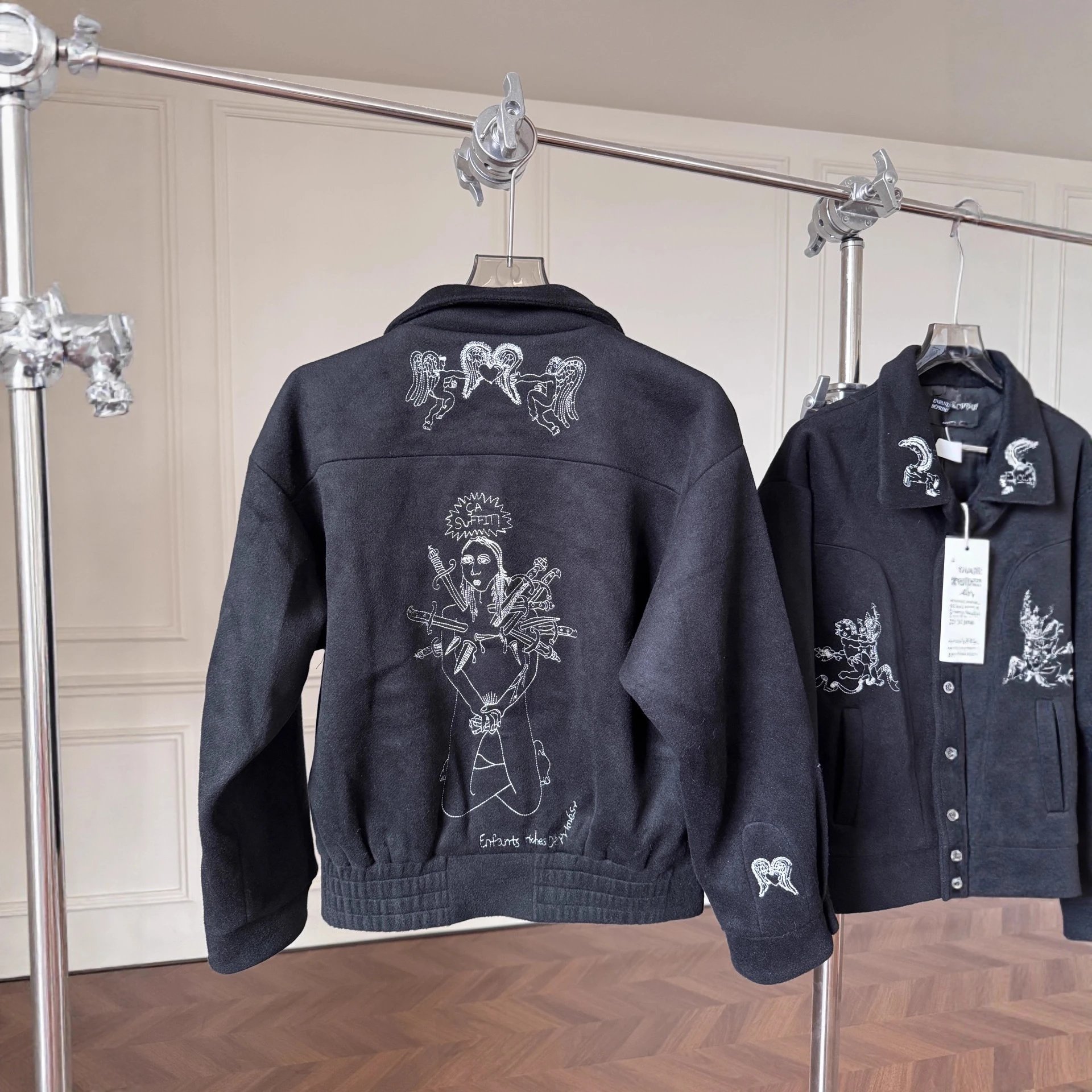 Notice Embroidered Black Graphic Bomber Jacket