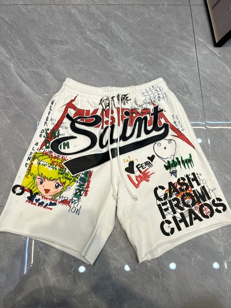 Saint Graphic Print White Streetwear Shorts