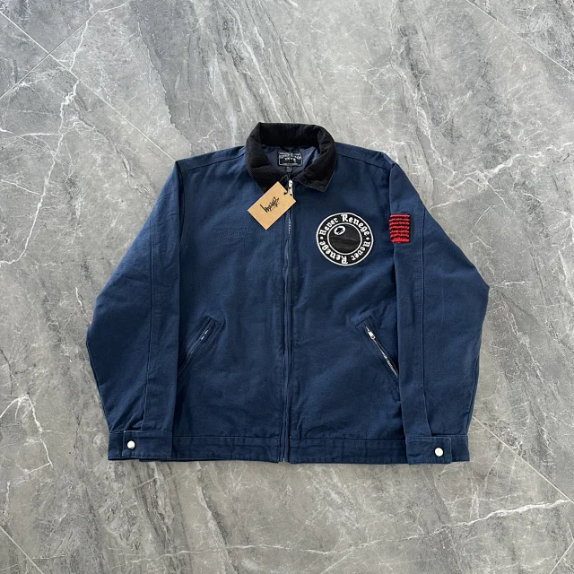 Navy Blue Zip-Up Jacket With Circular Logo And Flag Patch