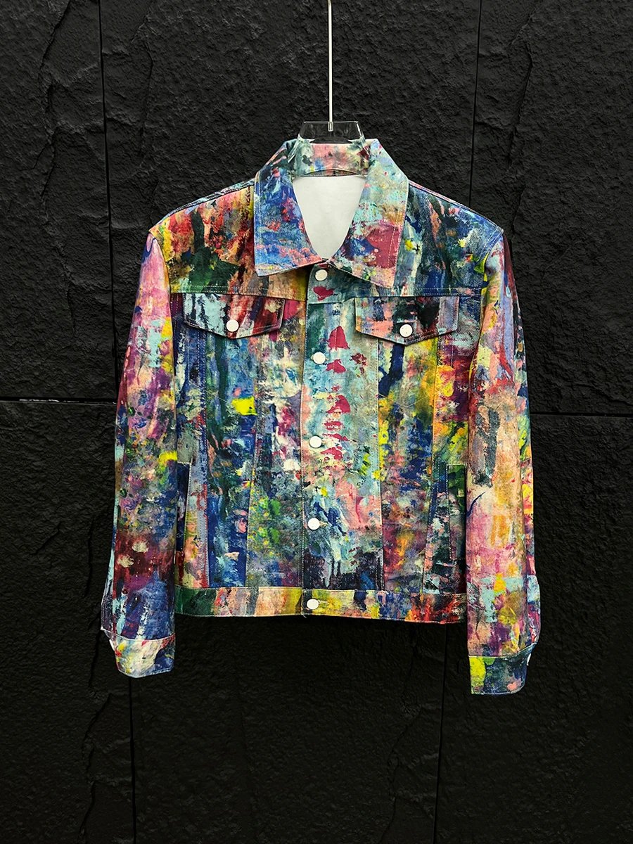 Abstract Print Denim Jacket Multicolor Artistic Streetwear