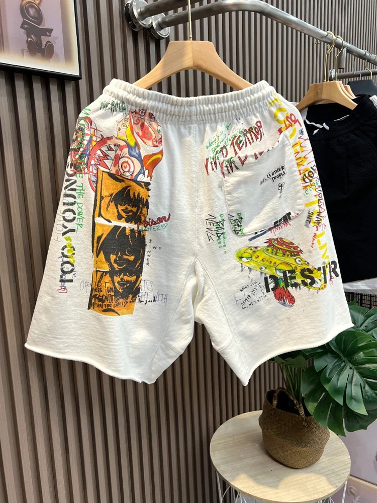 Saint Graphic Print White Streetwear Shorts