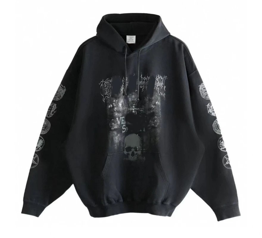 Black Hooded Sweatshirt With White Gothic Lettering Streetwear