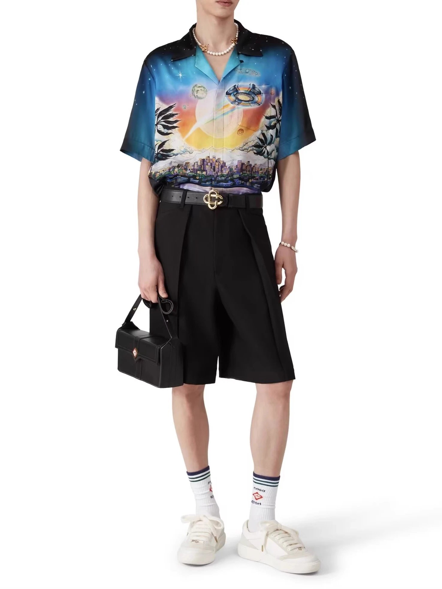 Casa Blanca Space City Print Black Silk Hawaiian Shirt