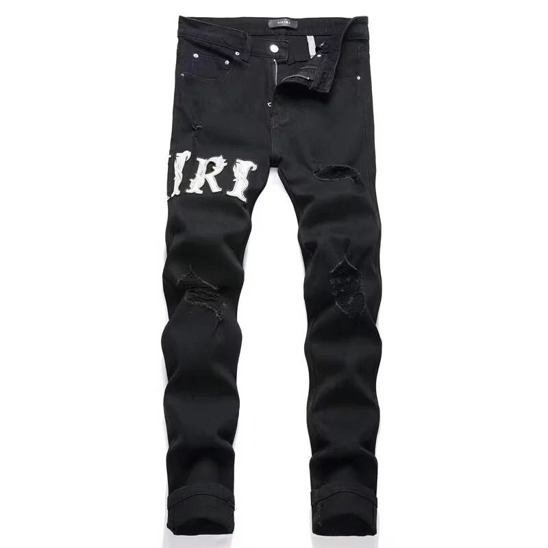 Ripped Letter-Embroidered Stretch Jeans photo 2