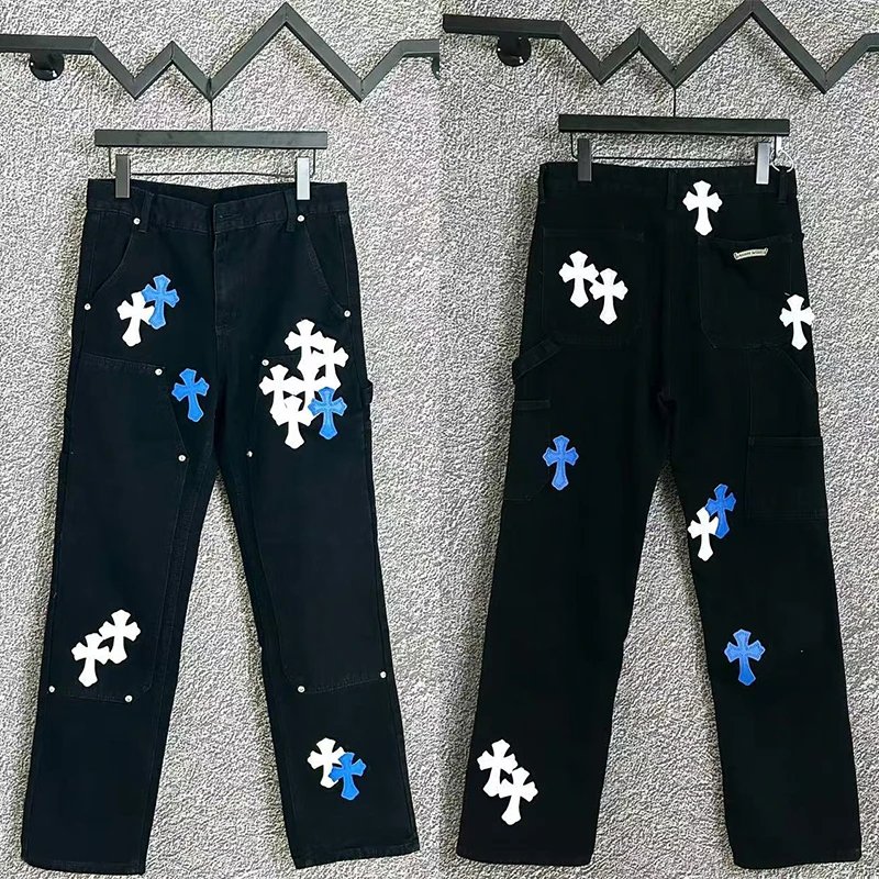 Cross Embroidered Denim Jeans Multicolor Streetwear