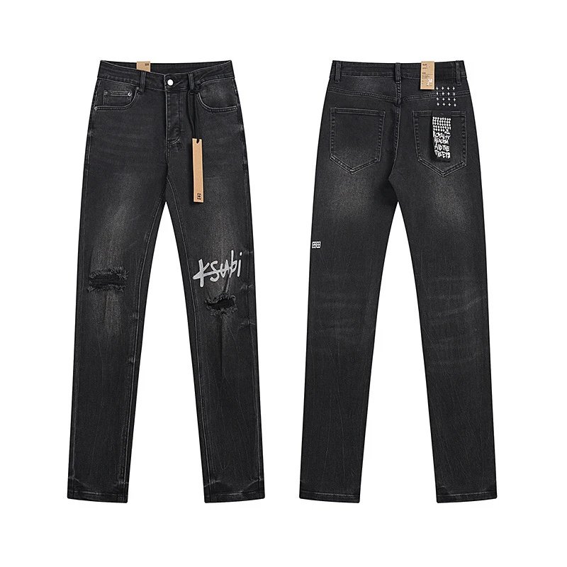 Distressed Gray Denim Jeans With Graffiti Print And Ripped Details
