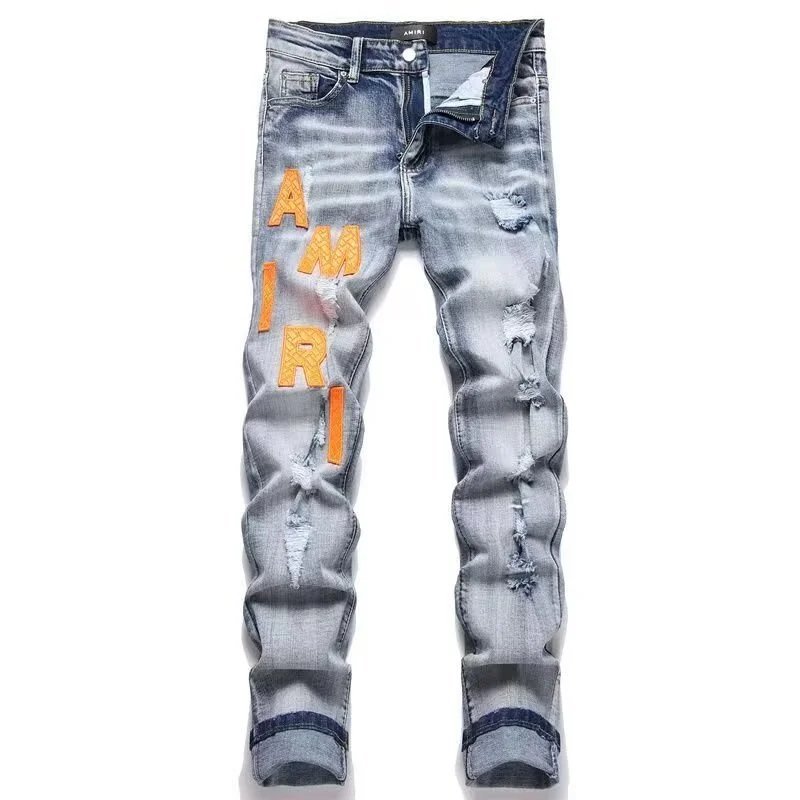 Ripped Letter-Embroidered Stretch Jeans photo 5