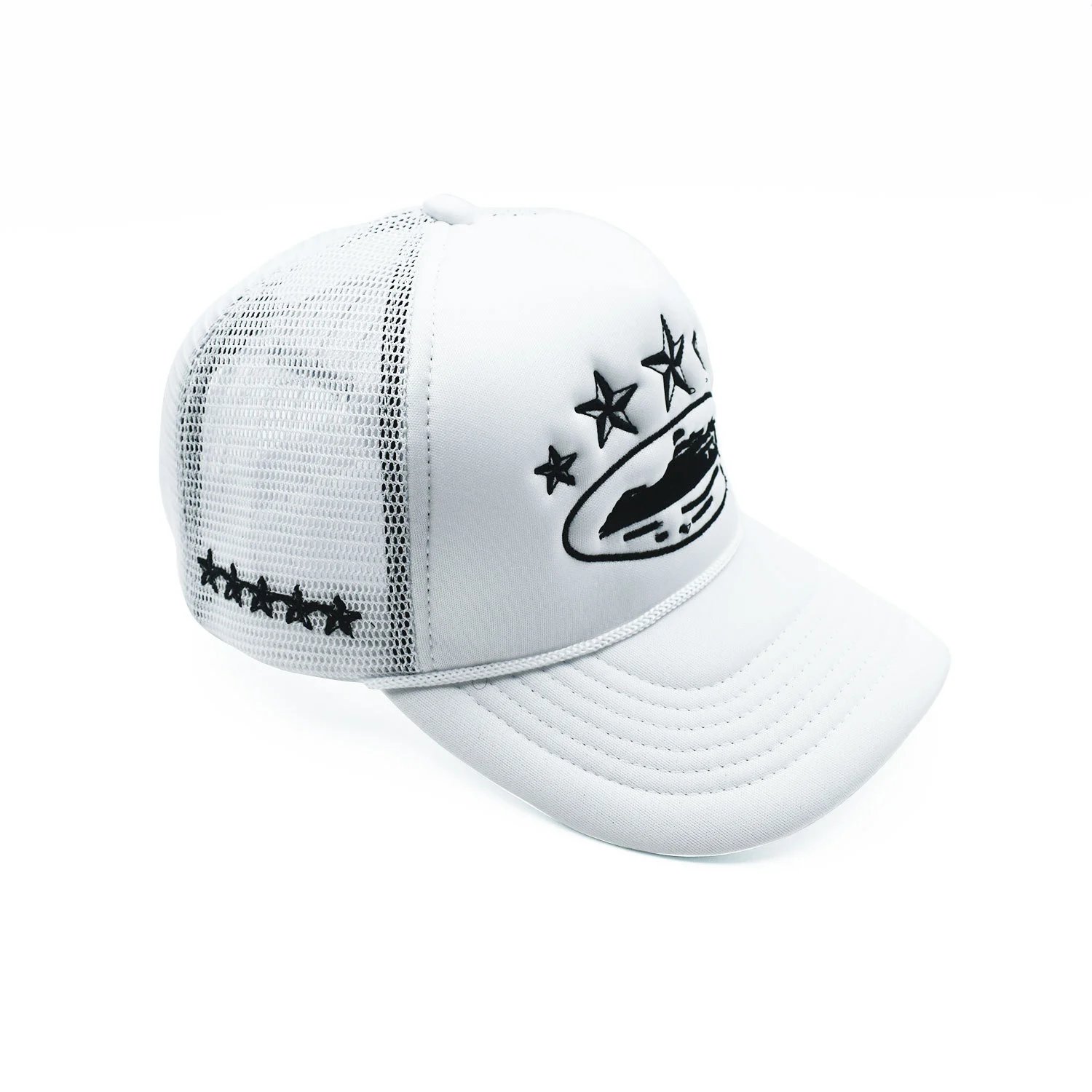 Trucker Hat Black White Embroidered Star Boat Mesh Cap