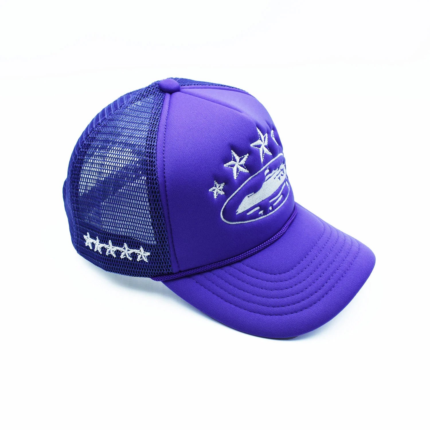 Trucker Hat Black White Embroidered Star Boat Mesh Cap