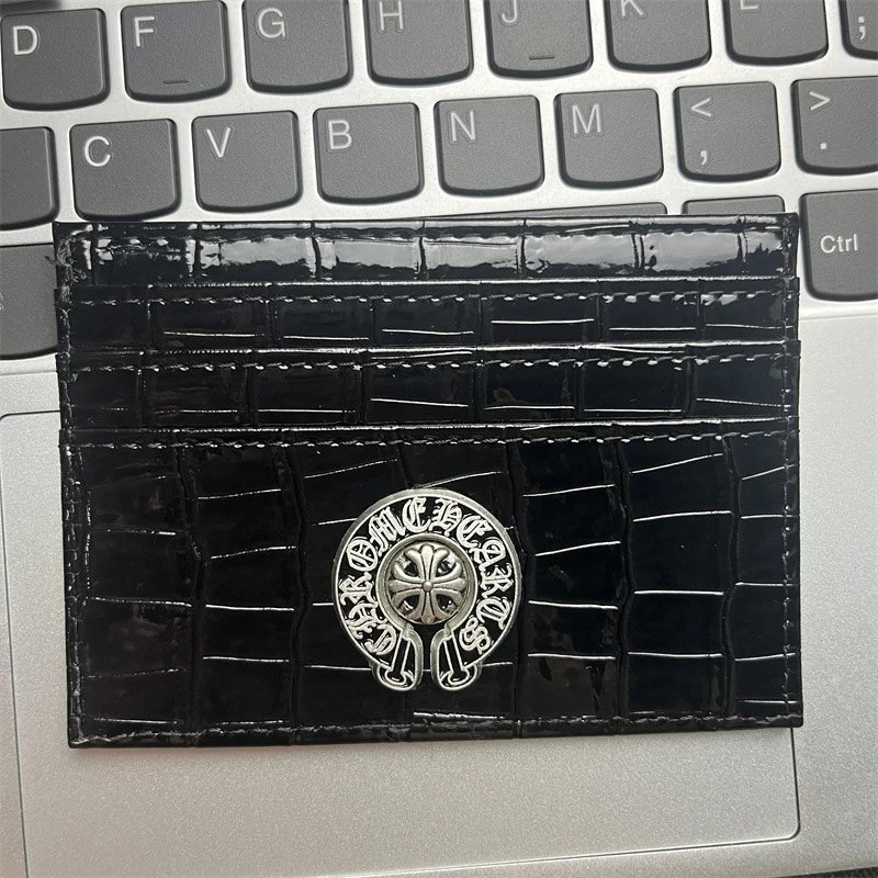 White Croc-Embossed Leather Card Holder with Silver Cross Ornament