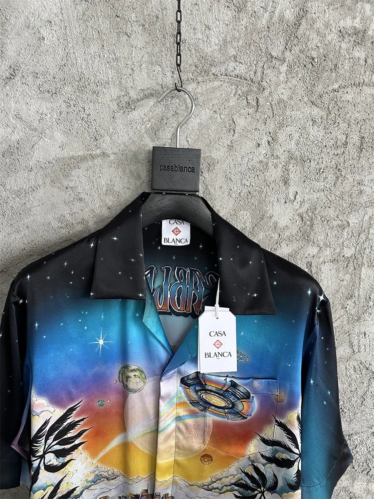 Casa Blanca Space City Print Black Silk Hawaiian Shirt