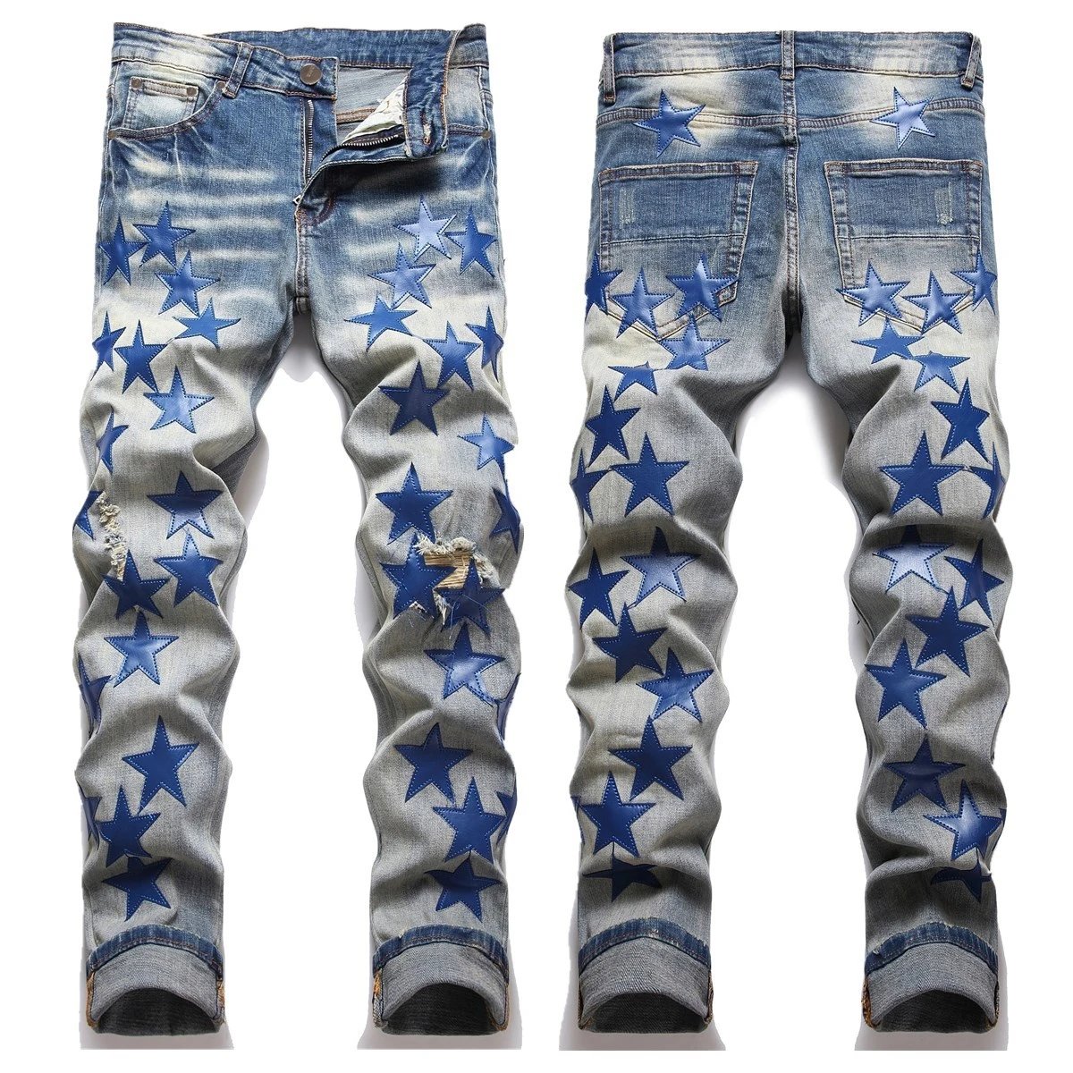 Star Embellished Light Blue Distressed Slim Fit Jeans