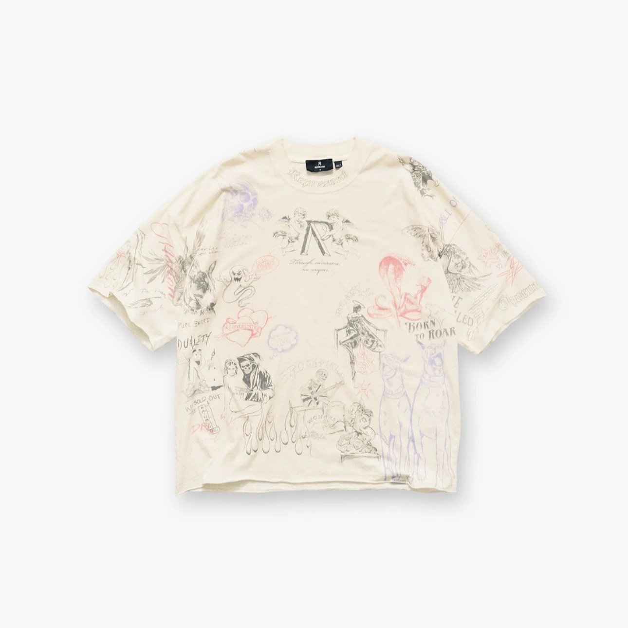 R Brand Graphic Print Cream Black Oversized T-Shirt