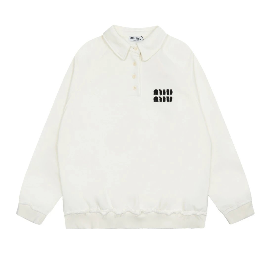 Miu Miu Logo Embroidered Off White Grey Oversized Polo Sweater