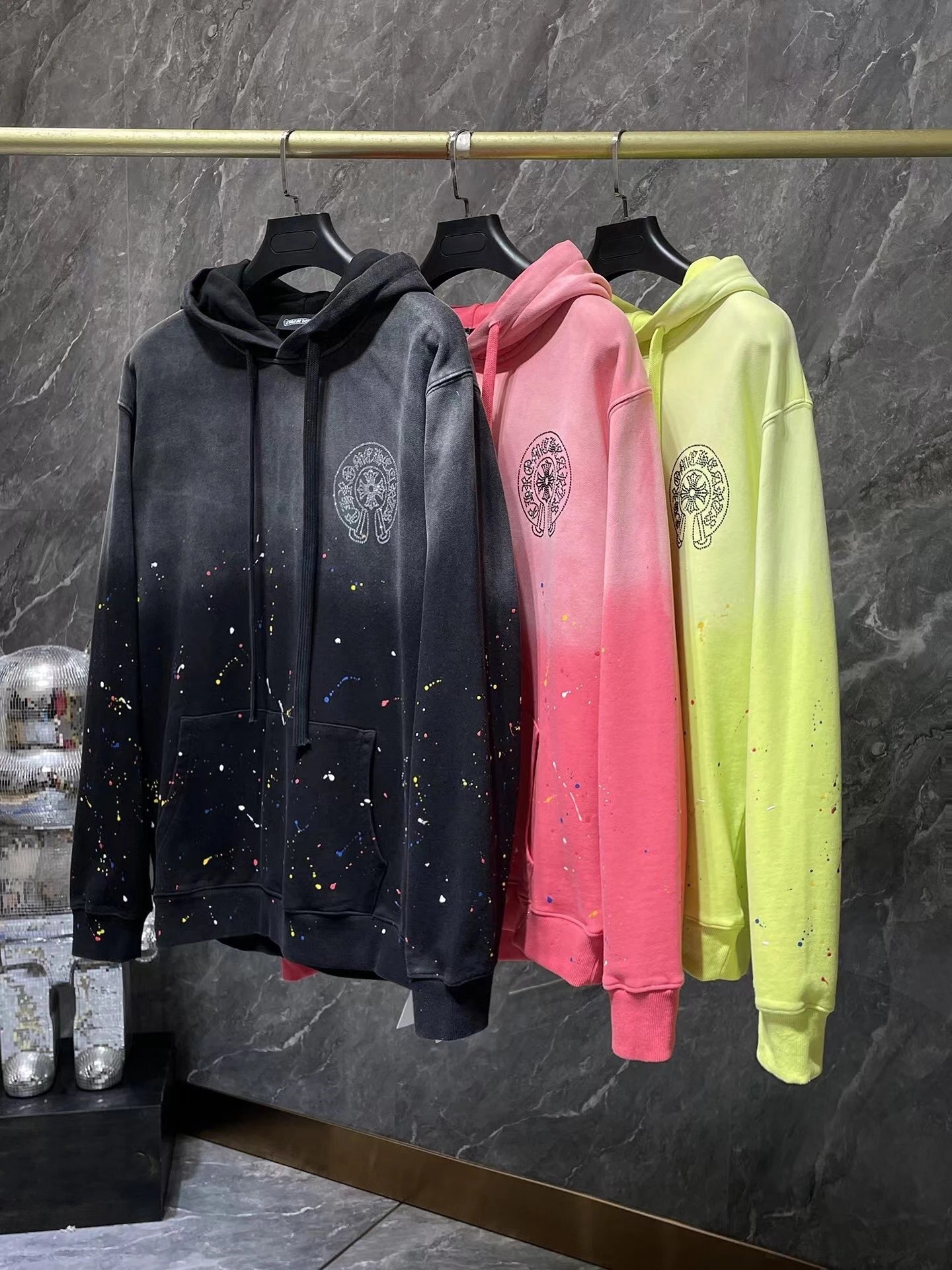 Men's heavy washed distressed gradient horseshoe print hot-drilled loose hooded sweatshirt