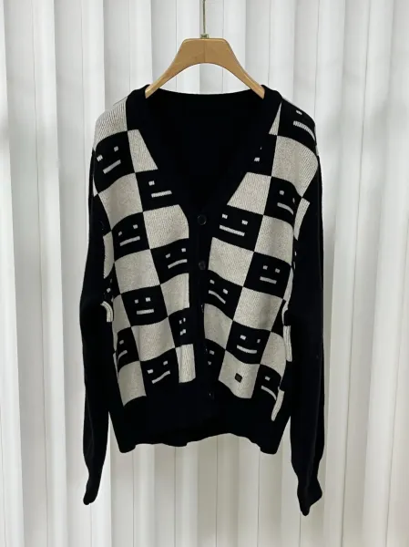 Smiley Face Checkerboard Knit Cardigan Yellow - 5