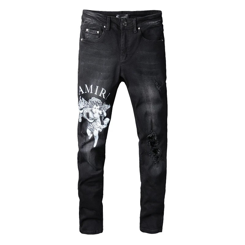 Amiri Black Distressed Angel Print Slim Fit Jeans