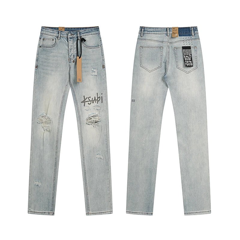 Distressed Gray Denim Jeans With Graffiti Print And Ripped Details