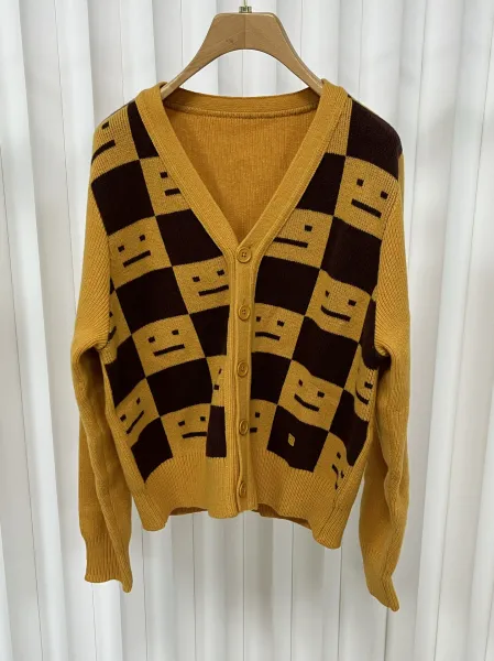Smiley Face Checkerboard Knit Cardigan Yellow - 1