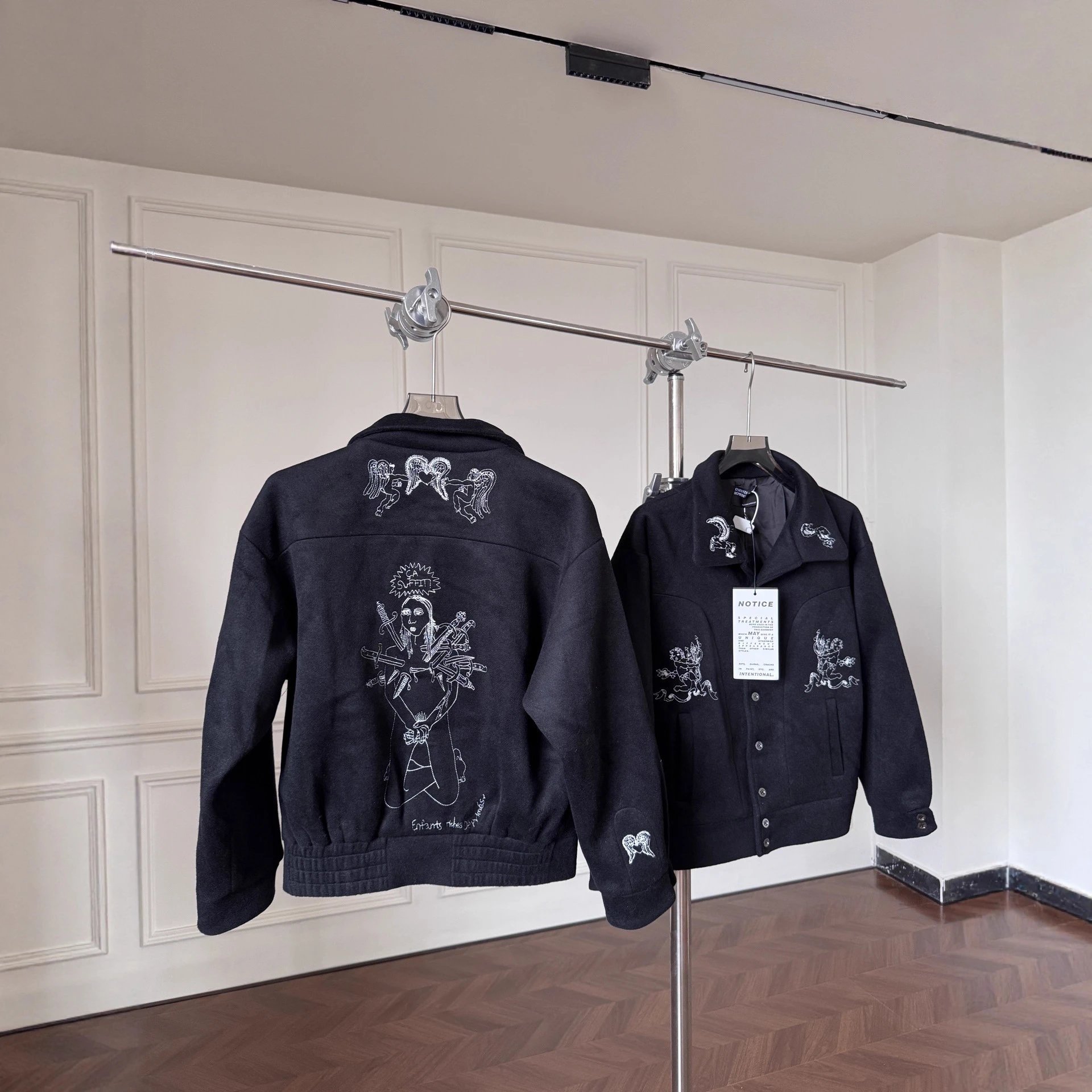 Notice Embroidered Black Graphic Bomber Jacket