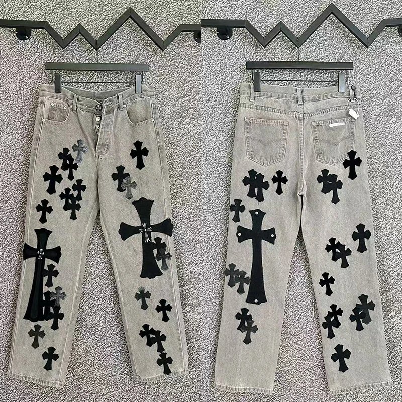 Cross Embroidered Denim Jeans Multicolor Streetwear