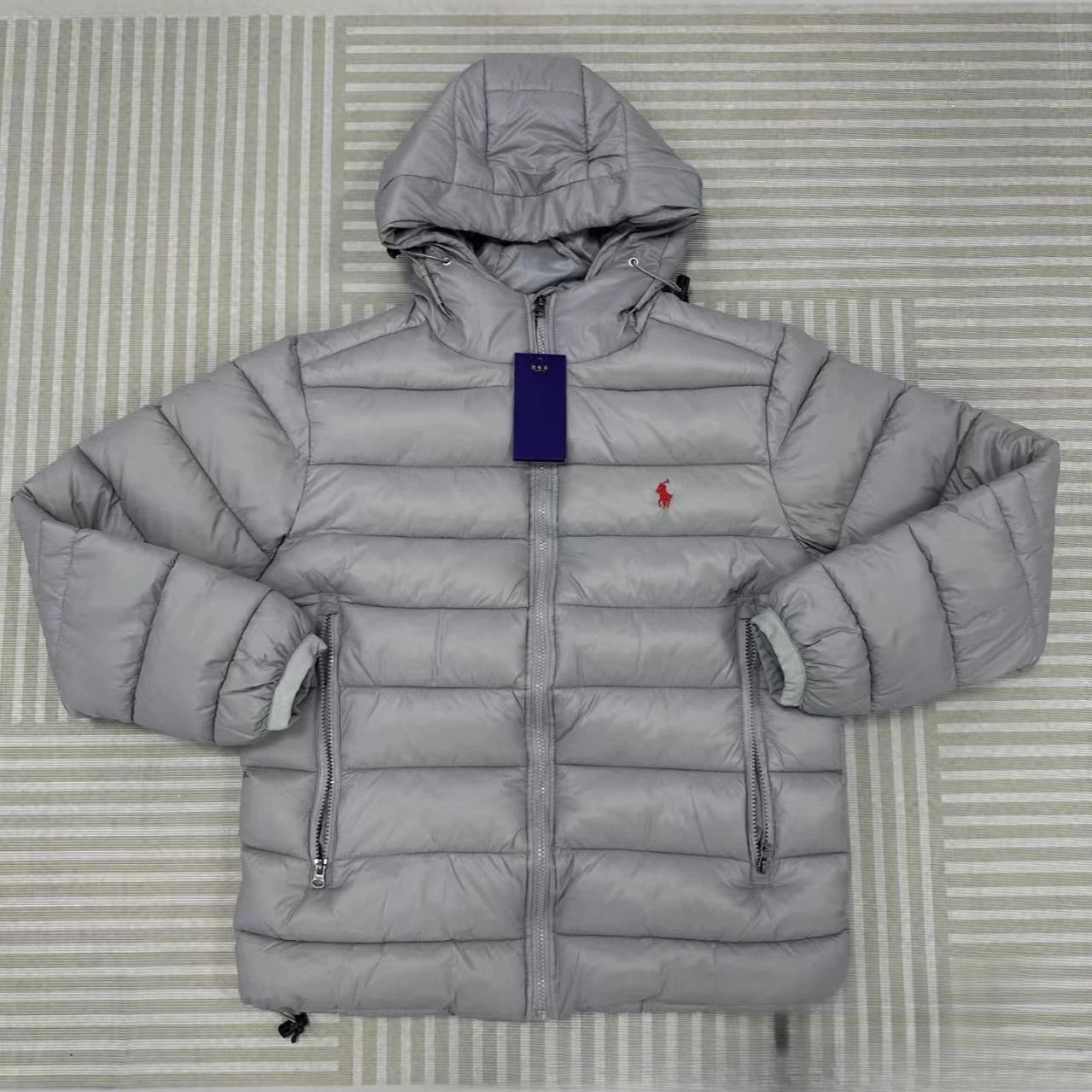 Polo Ralph Lauren Black Gray Quilted Hooded Puffer Jacket