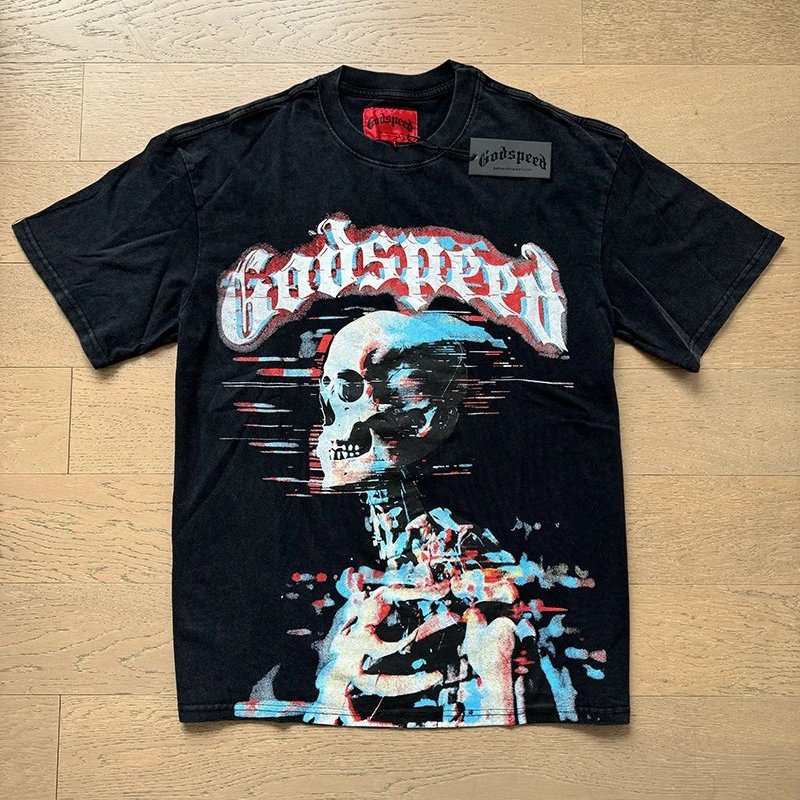 Godspeed Skull Floral Print Black Graphic T-Shirt