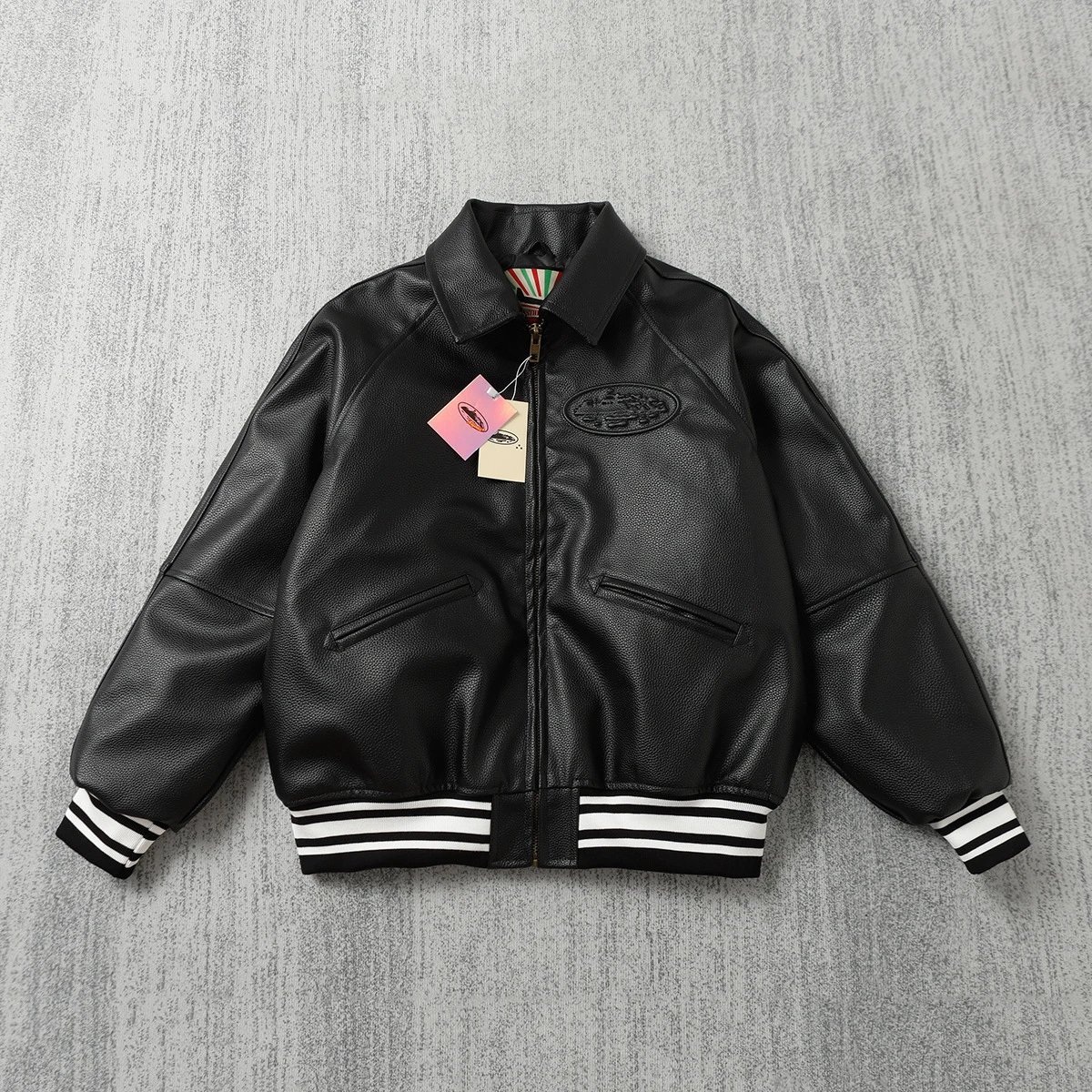 Corteiz Black Leather Bomber Jacket
