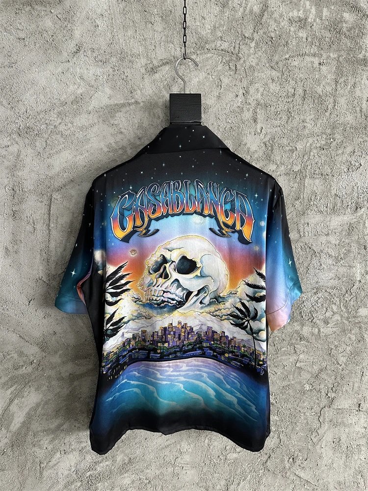 Casa Blanca Space City Print Black Silk Hawaiian Shirt
