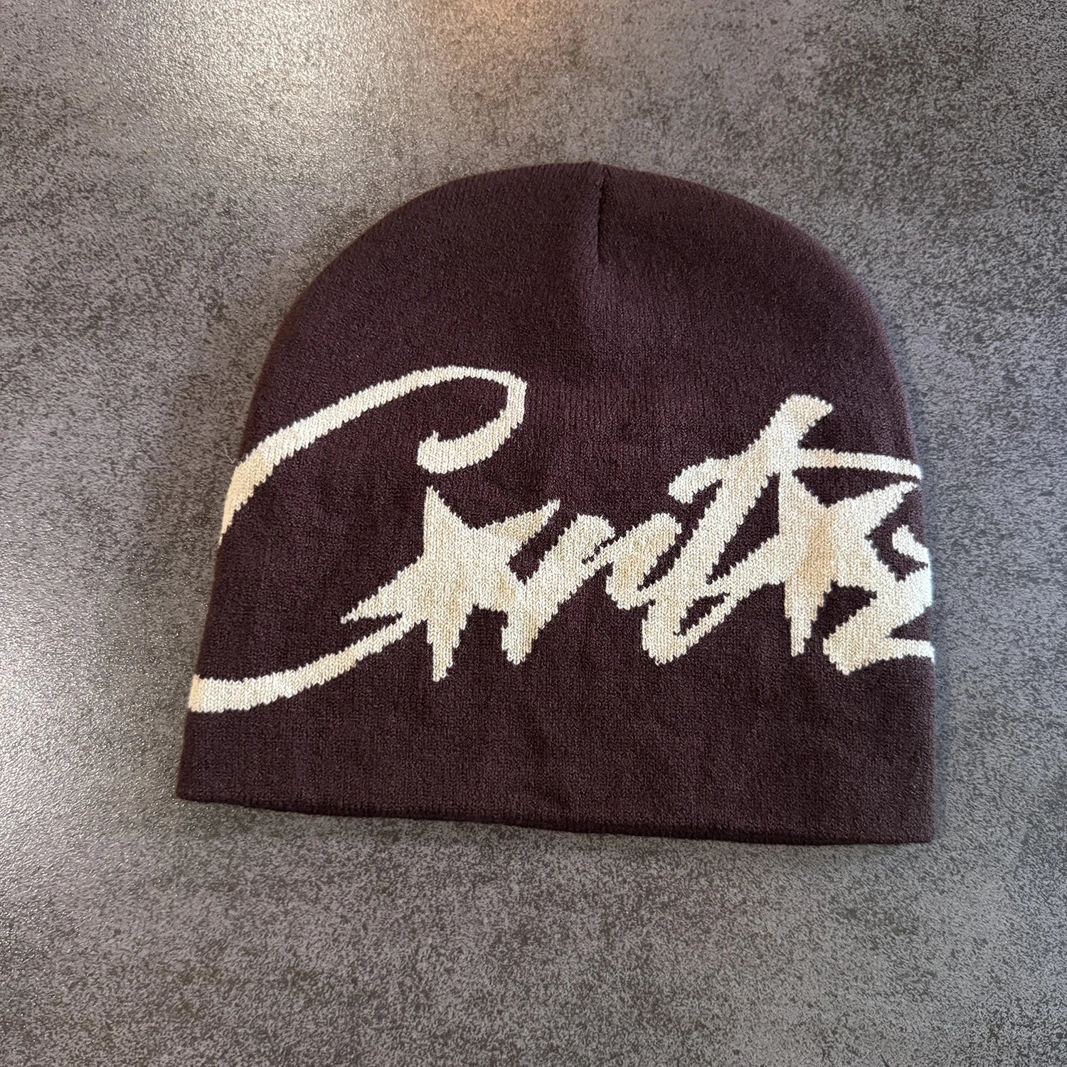 Black Knit Beanie White Graffiti Script Style