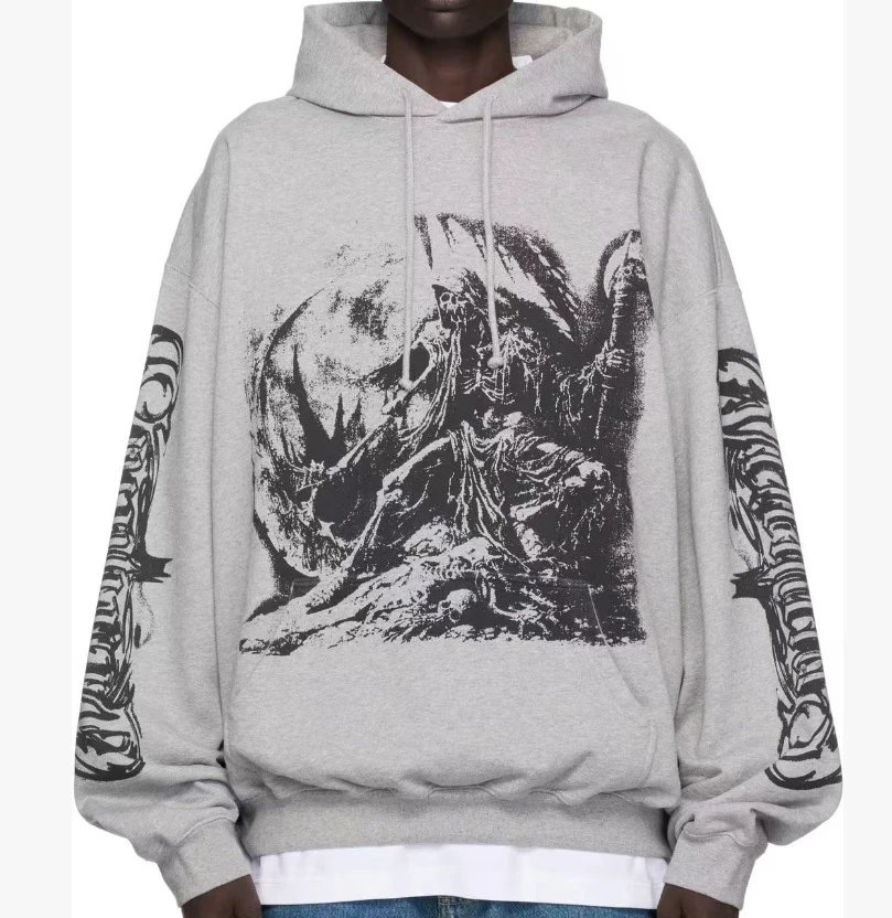 Black Hooded Sweatshirt With White Gothic Lettering Streetwear