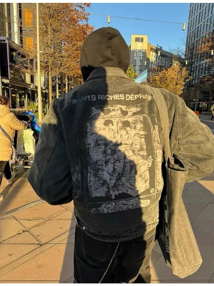 E.R.D. Distressed Grey Workwear Jacket With Camo Cargo Pants