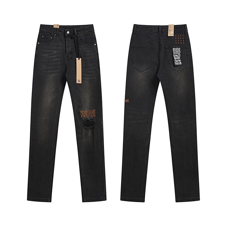 Distressed Gray Denim Jeans With Graffiti Print And Ripped Details
