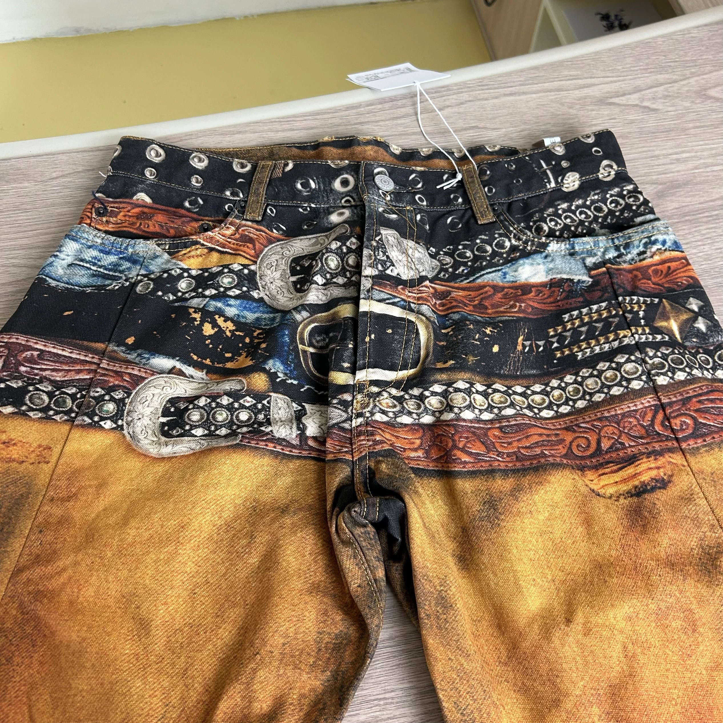 Patchwork Denim Pants Tan Distressed Western Style
