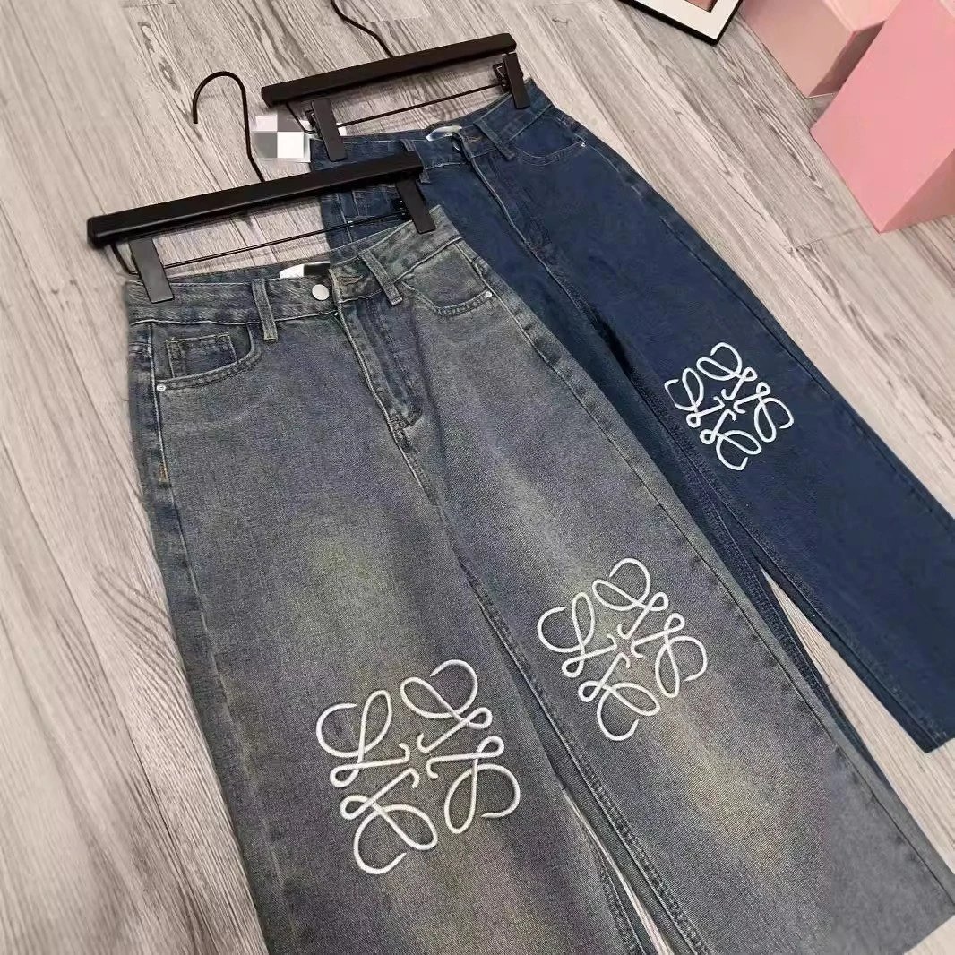 Loewe Anagram Embroidered Light Blue Wide Leg Jeans